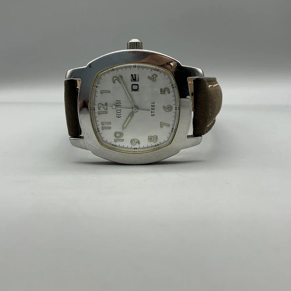 Ecclissi 75425 Womens Watch 35mm White Dial Brown Leather Date New Battery